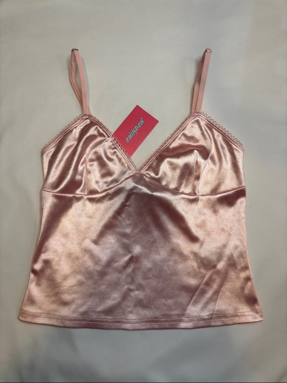 NWT Edikted Amelie Satin Effect Tank Baby Pink Lace Trim Dainty Girly Cup Bust